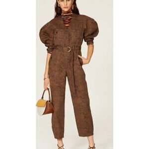 ULLA JOHNSON Ezra Jumpsuit 100% cotton animal print brown balloon sleeves 10